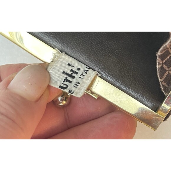 VTG Italian Suede Leather Coin Purse Kiss Lock Gold Hardware Brown Geometric - Picture 11 of 11